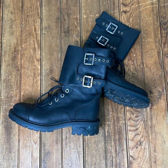 Women’s AllSaints black leather lug sole silver buckle biker boot size 38 - Picture 1 of 8